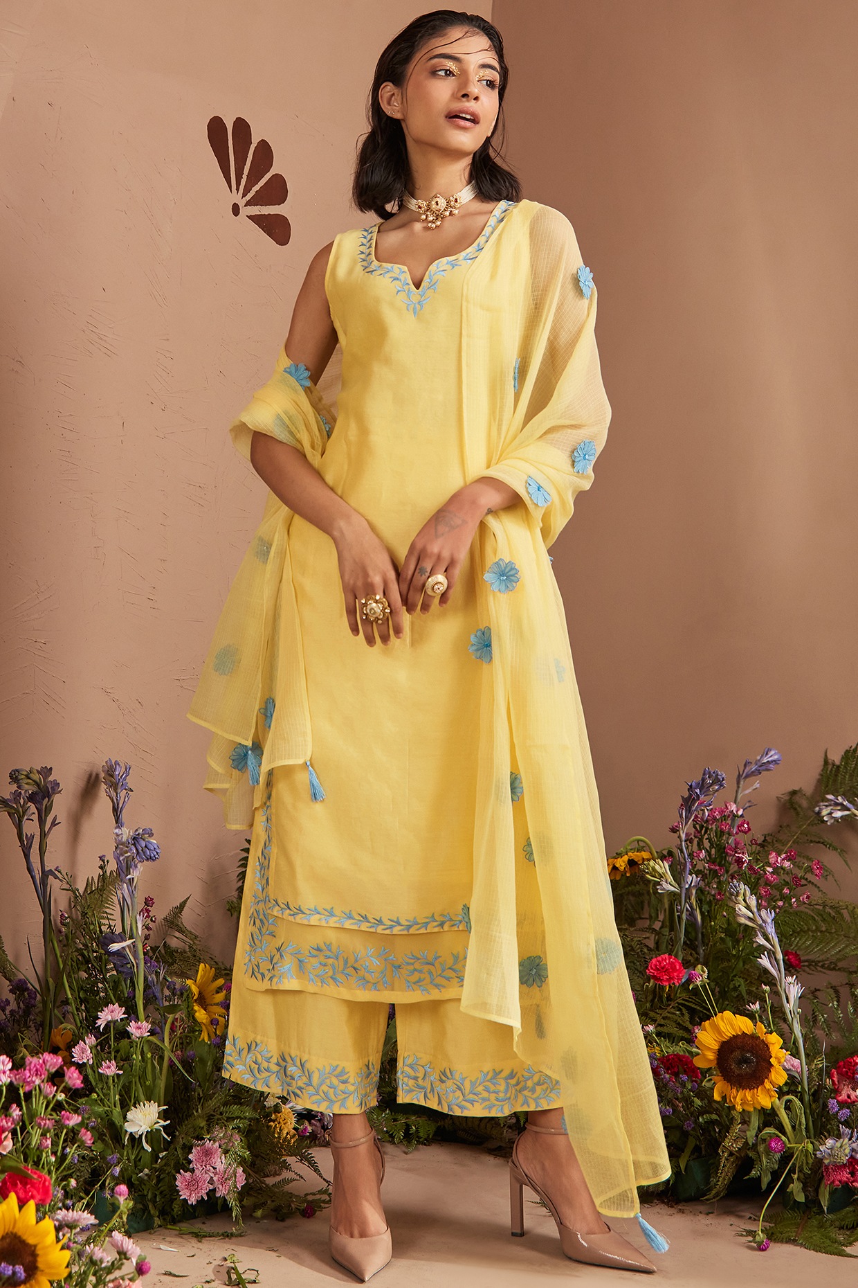 Buy Yellow Kurta Silk Chanderi Print And Gulnaar Placket Churidar Set For  Women by Dohr India Online at Aza Fashions.